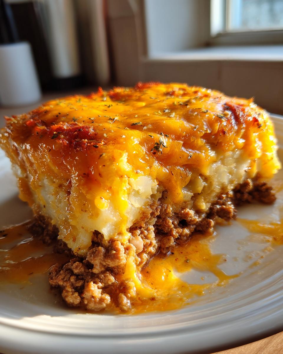 A hearty slice of cheesy ground beef and potato casserole, with melted cheese on top and a rich meat layer below.