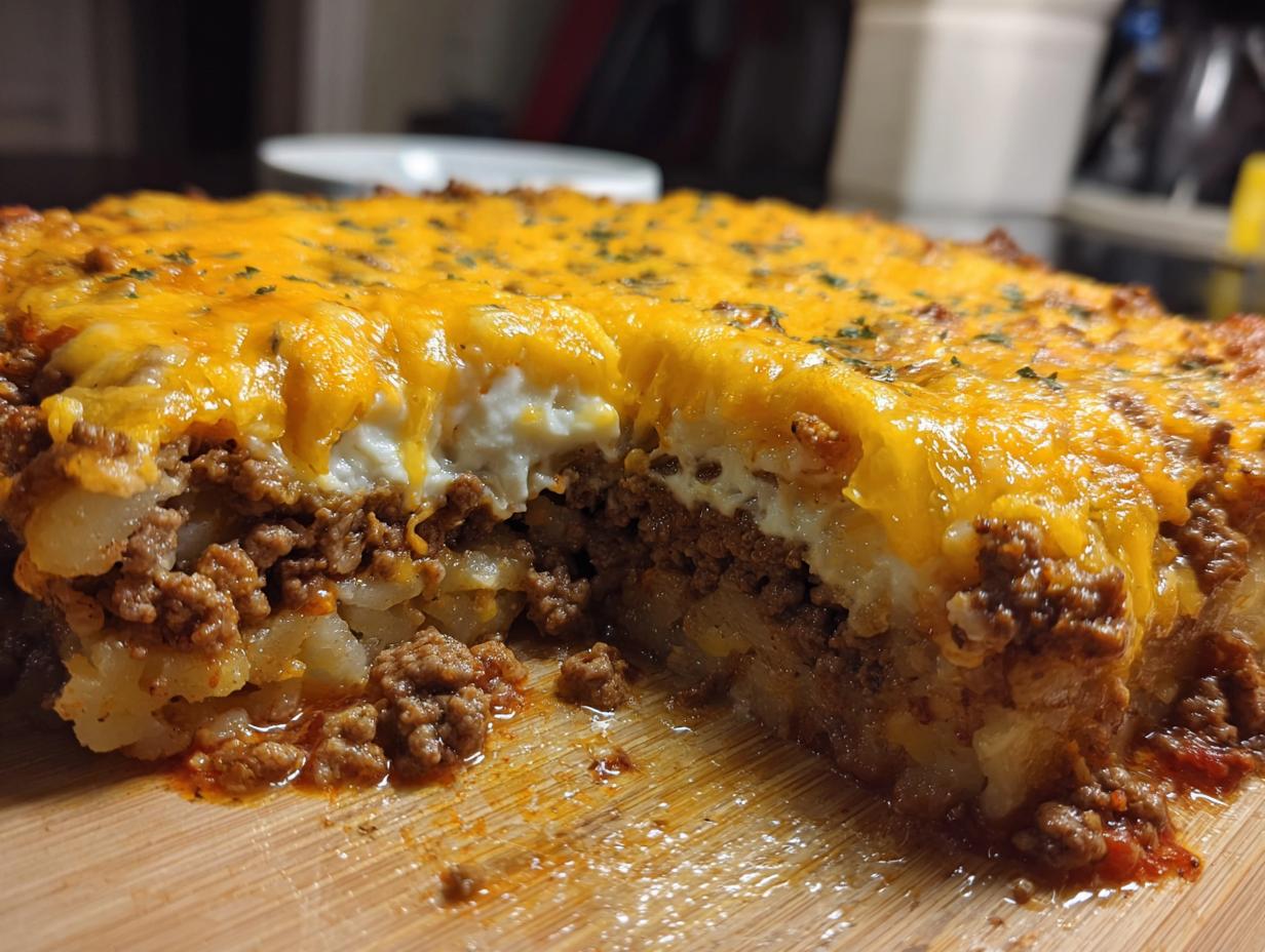 A thick slice of cheesy ground beef and potato casserole, showing layers of seasoned ground beef, potatoes, and melted cheddar cheese.