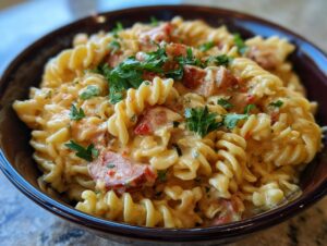 A close-up of cheesy kielbasa pasta with fusilli noodles and chopped parsley.