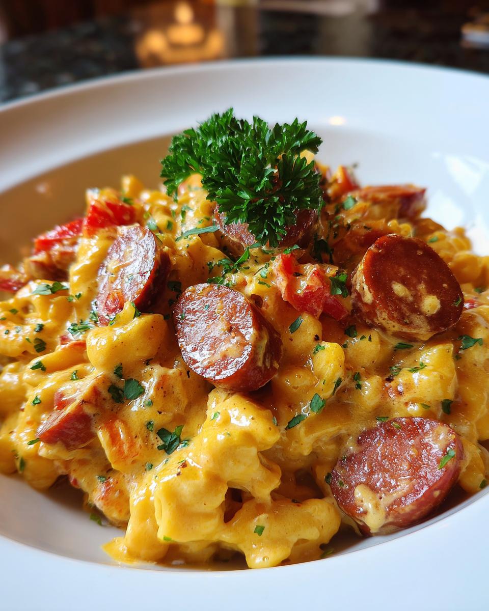 Close-up of cheesy kielbasa pasta in a white bowl, topped with sliced kielbasa and fresh parsley.