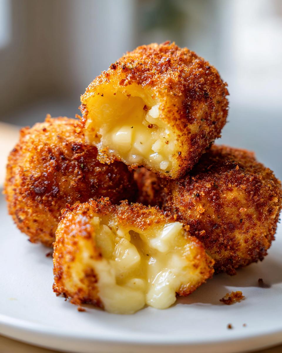 Close-up of golden brown potato croquettes, one cut open revealing a gooey, melted cheese center.