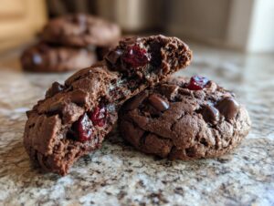 Close-up of a broken cherry chocolate mocha cookie, revealing chewy interior with chocolate chips and dried cherries.