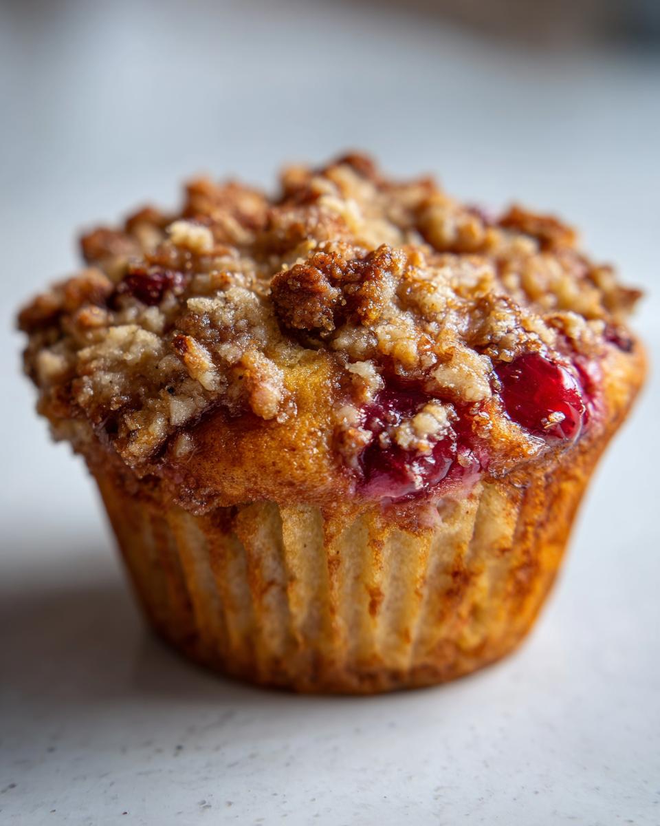 Close-up of a single cherry cobbler muffin with a golden brown crumble topping and visible cherry pieces.