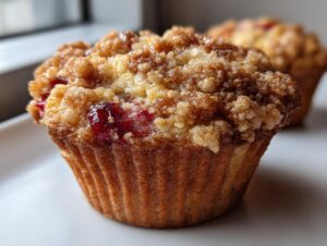 Close-up of a moist cherry cobbler muffin topped with a sweet crumble and visible cherry pieces.