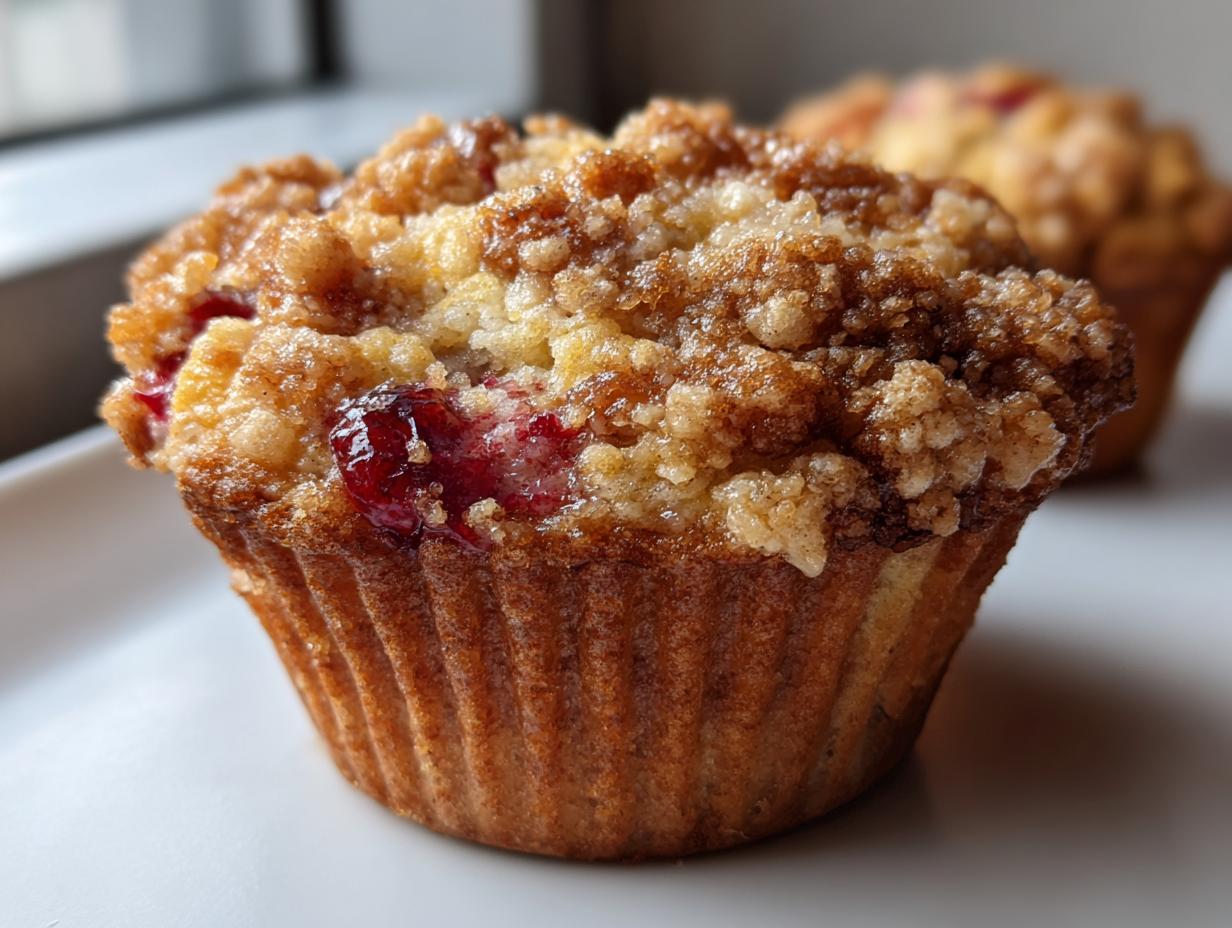 Close-up of a moist cherry cobbler muffin topped with a sweet crumble and visible cherry pieces.