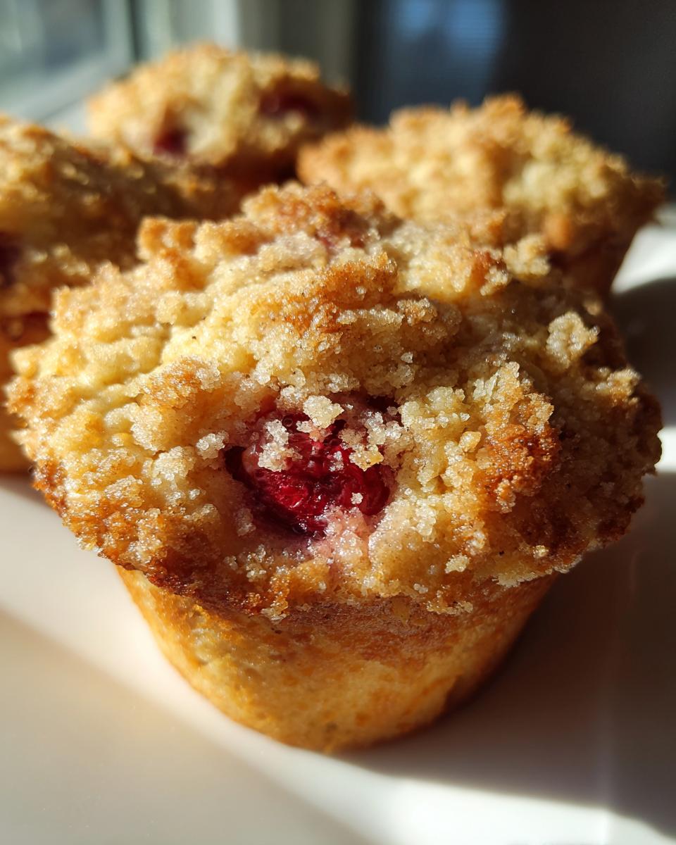 Close-up of delicious cherry cobbler muffins with a crumbly streusel topping and visible cherries.