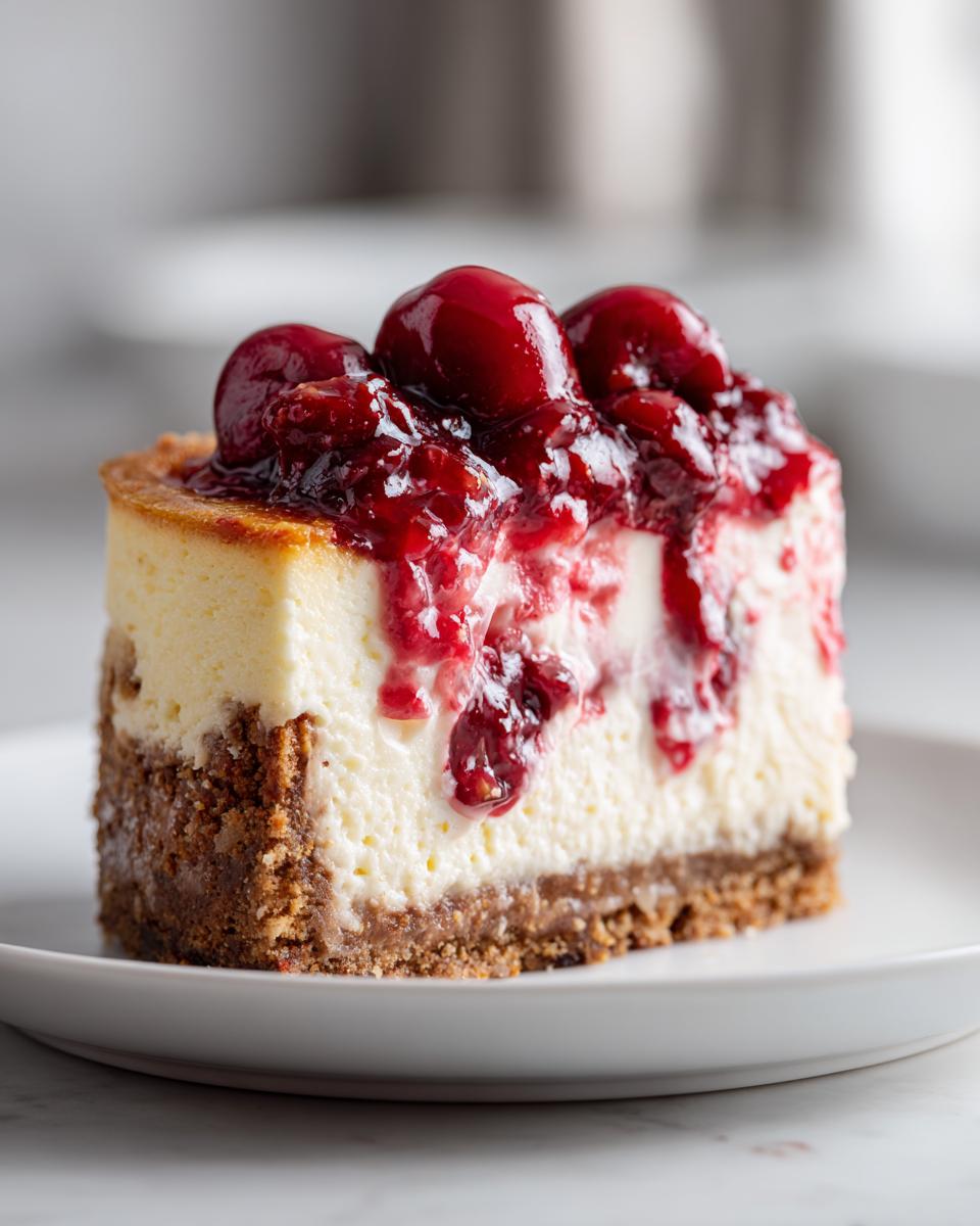 A decadent slice of Cherry Pecan Cheesecake Lush topped with whole cherries and cherry compote.