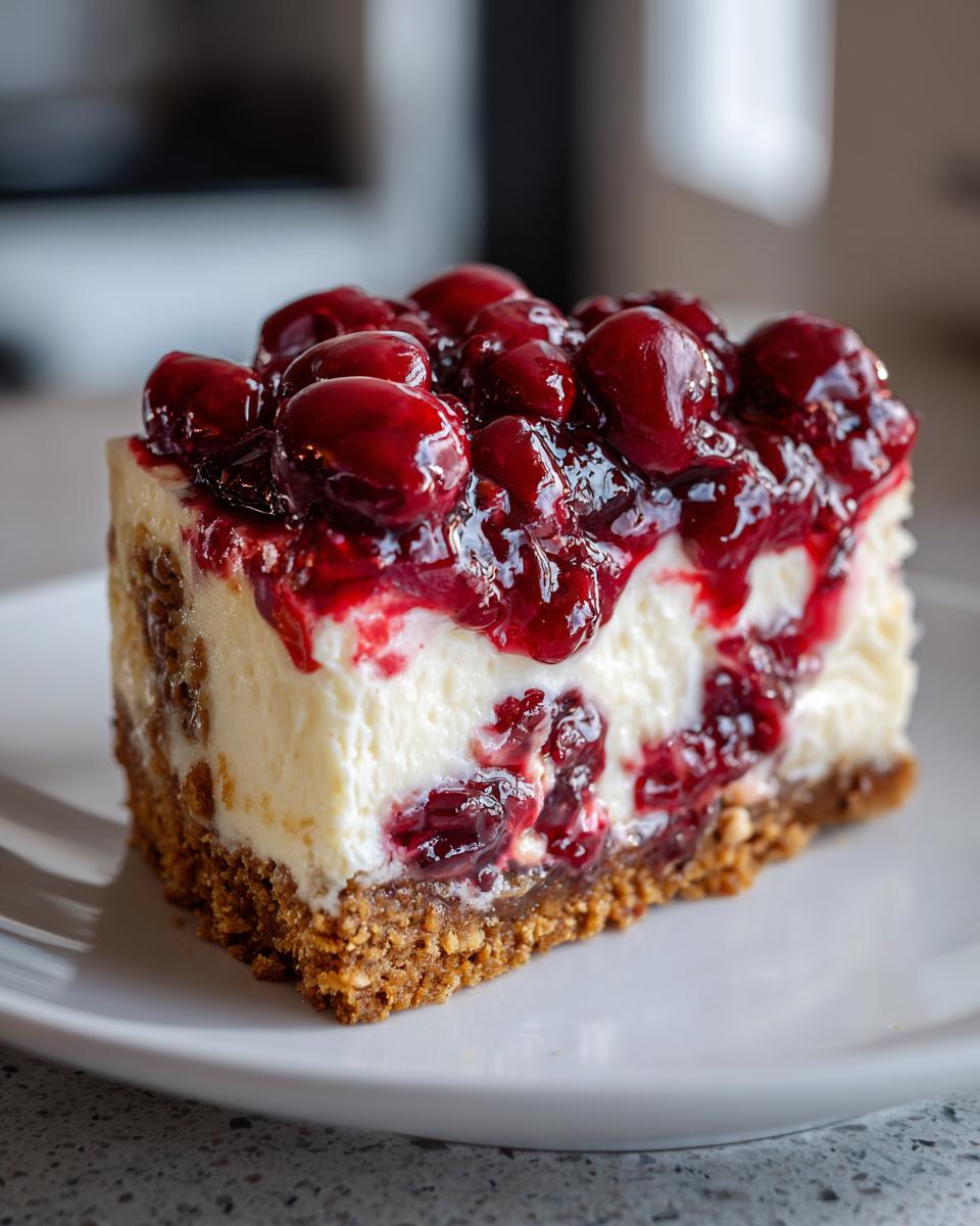 A slice of Cherry Pecan Cheesecake Lush on a white plate, topped with glossy cherries and a pecan crust.