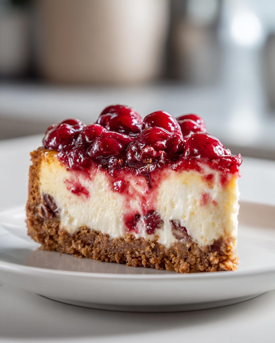 A delicious slice of Cherry Pecan Cheesecake Lush, topped with bright red cherries and a pecan crust.