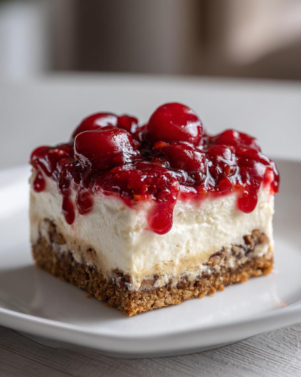 A delicious slice of Cherry Pecan Cheesecake Lush topped with bright red cherries and sauce.