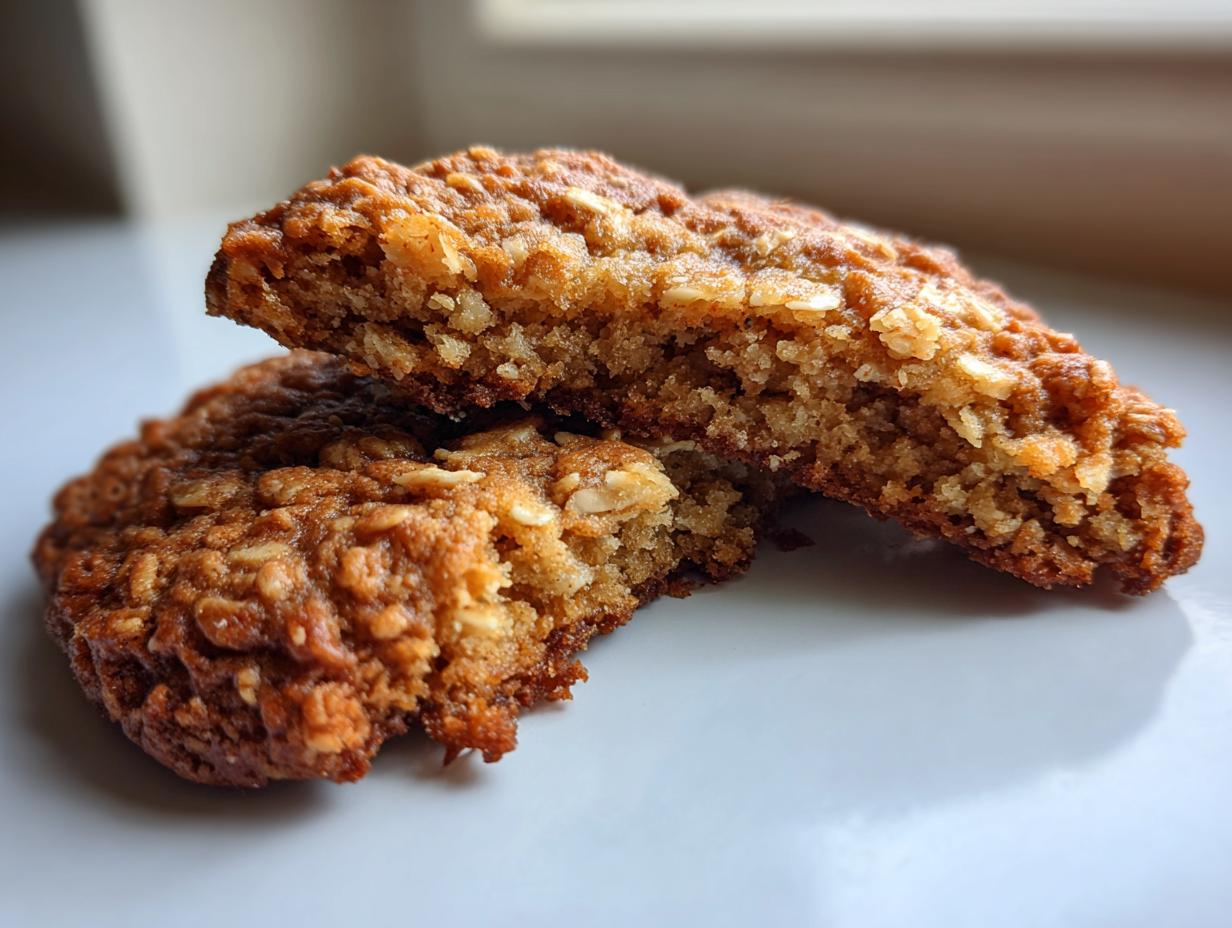 Close-up of a chewy oatmeal cookie broken in half, showing the texture inside.