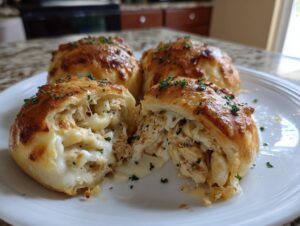 Close-up of golden-brown chicken alfredo crazy puffs, one split open revealing creamy filling and shredded chicken.
