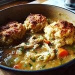A close-up of a hearty bowl of chicken and dumplings, featuring shredded chicken, vegetables, and fluffy dumplings.
