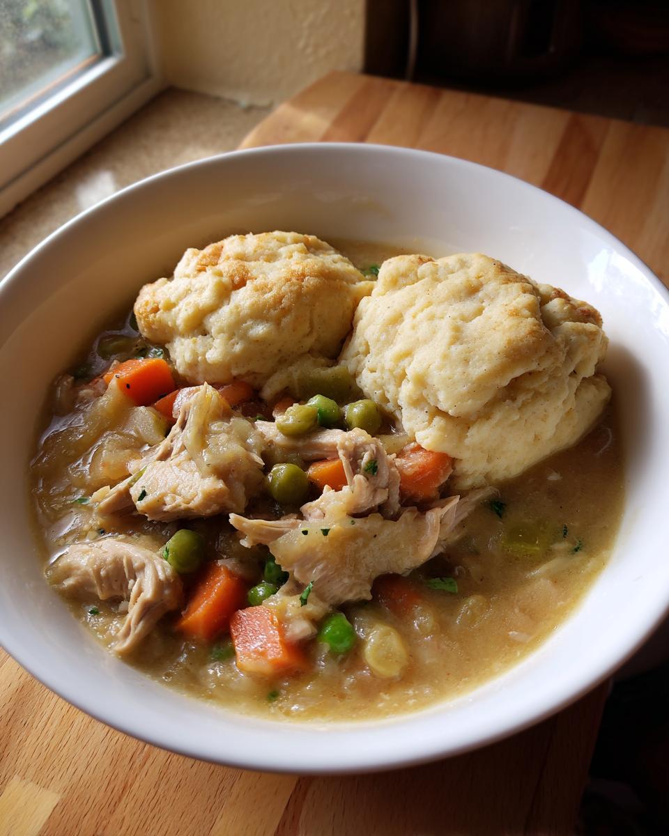 A close-up of a comforting bowl of chicken and dumplings, filled with shredded chicken, carrots, peas, and fluffy dumplings.