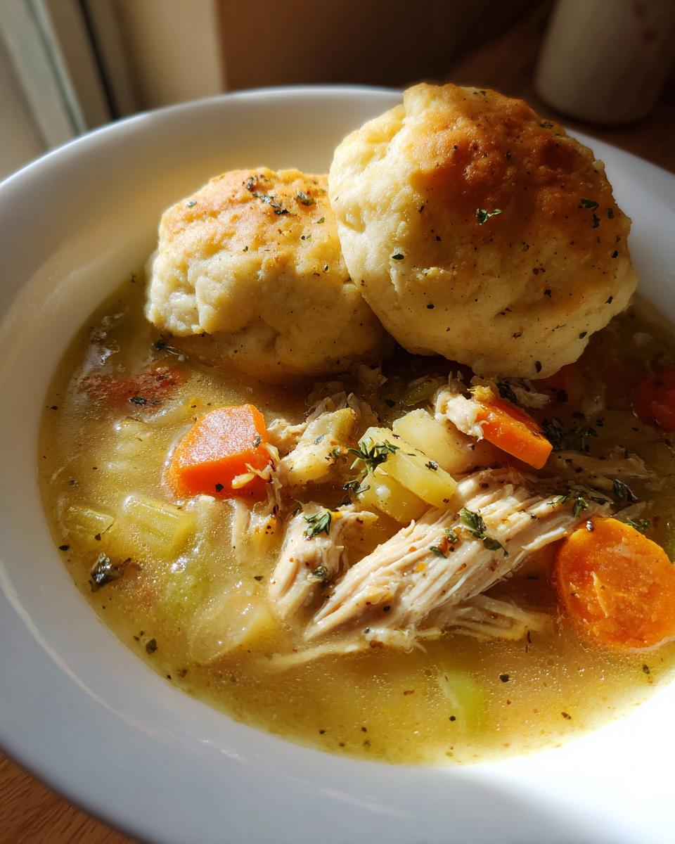A comforting bowl of chicken and dumplings, featuring shredded chicken, carrots, celery, and fluffy dumplings.
