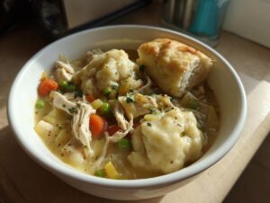 A close-up of a white bowl filled with hearty chicken and dumplings, featuring shredded chicken, vegetables, and fluffy dumplings.
