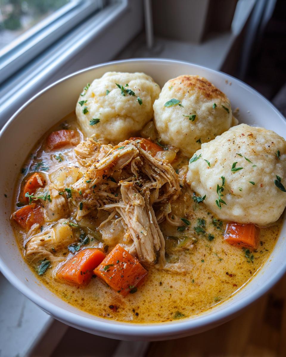 A comforting bowl of chicken and dumplings, featuring shredded chicken, carrots, and fluffy dumplings in a creamy broth.