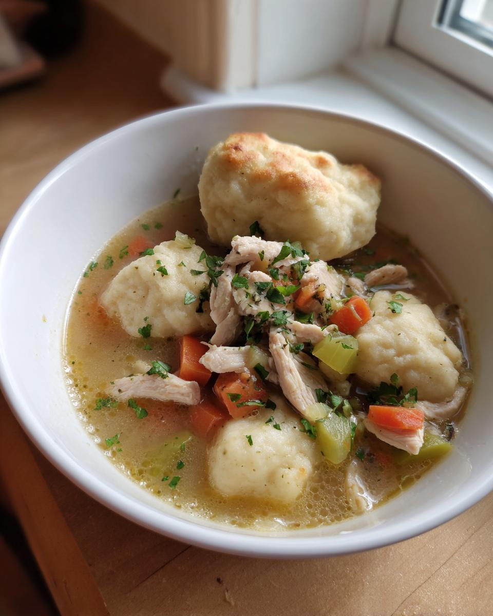 A close-up of a white bowl filled with hearty chicken and dumplings, featuring shredded chicken, vegetables, and fluffy dumplings in broth.