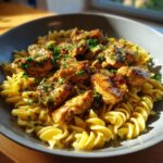 A bowl of chicken with buttered noodles, garnished with fresh parsley. A comforting and quick meal.