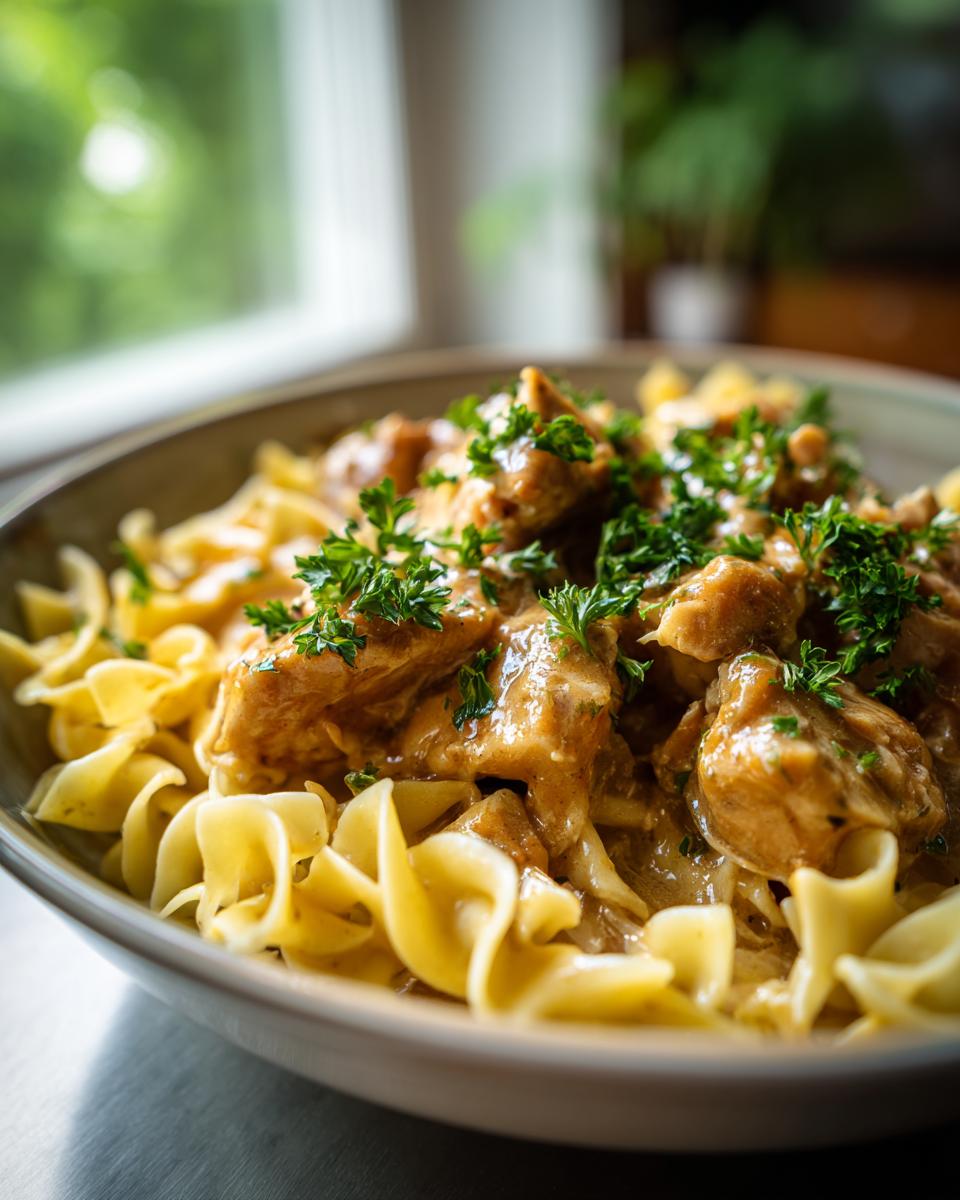 A close-up of delicious chicken with buttered noodles, garnished with fresh parsley.