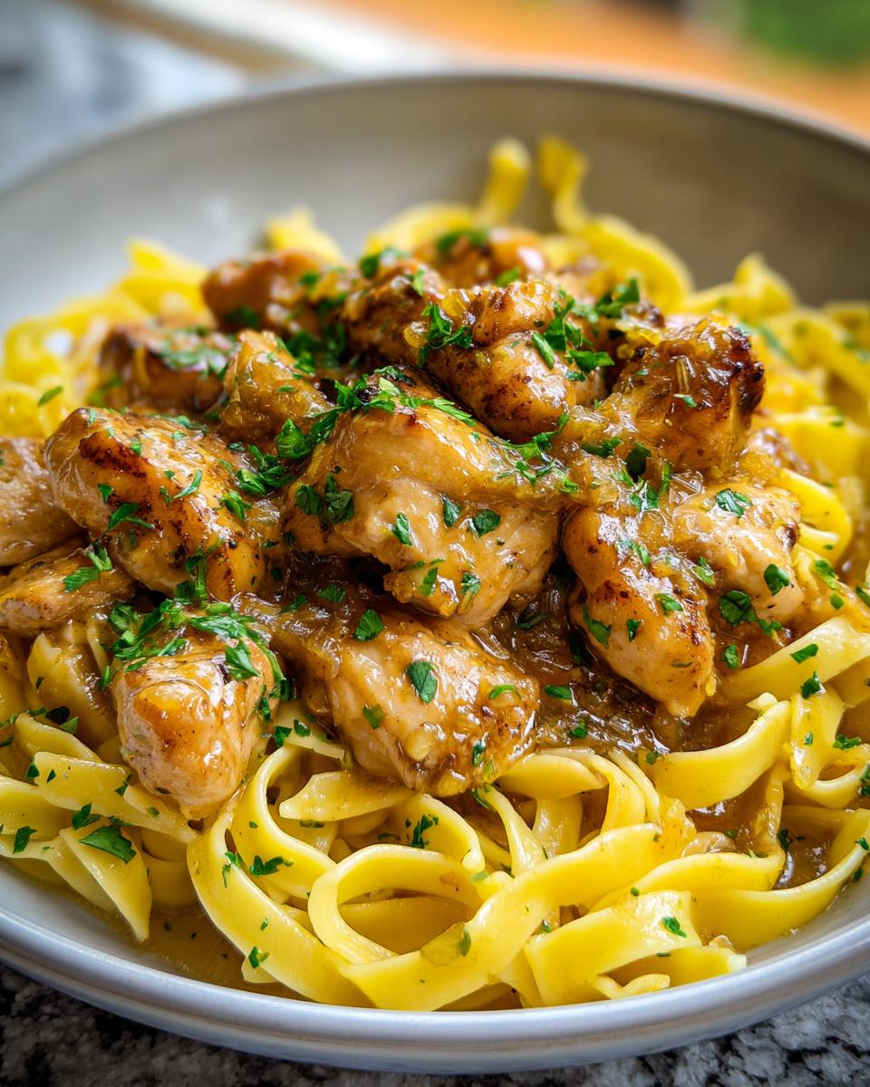 A close-up of chicken with buttered noodles, garnished with fresh parsley.