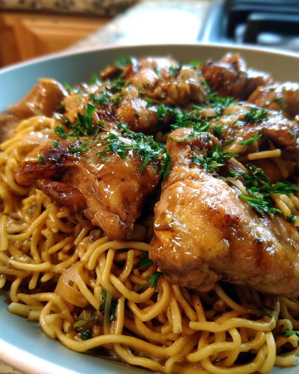 Close-up of tender chicken pieces served over a bed of buttered noodles, garnished with fresh parsley.