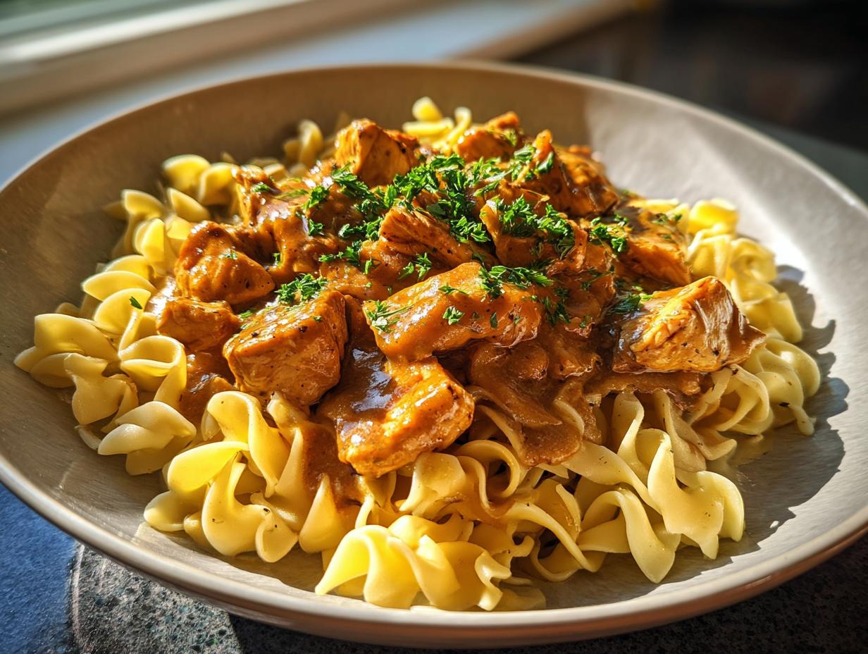 A close-up of chicken with buttered noodles, topped with fresh parsley, served in a bowl.