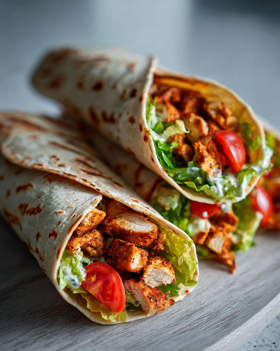 Close-up of two delicious chicken wraps filled with seasoned chicken, lettuce, tomato, and sauce.