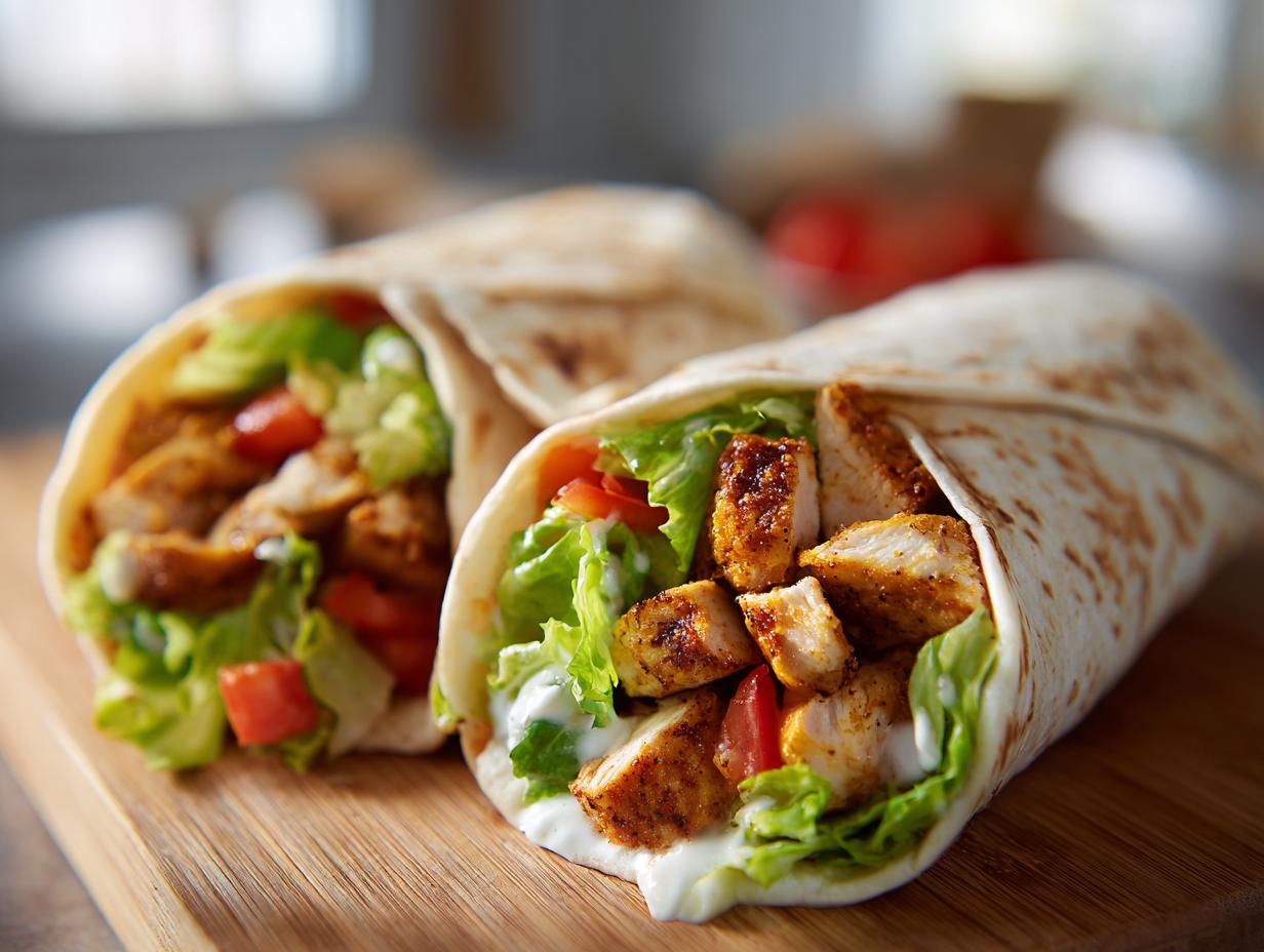 Two delicious chicken wraps filled with seasoned chicken, lettuce, tomatoes, and a creamy sauce on a wooden board.