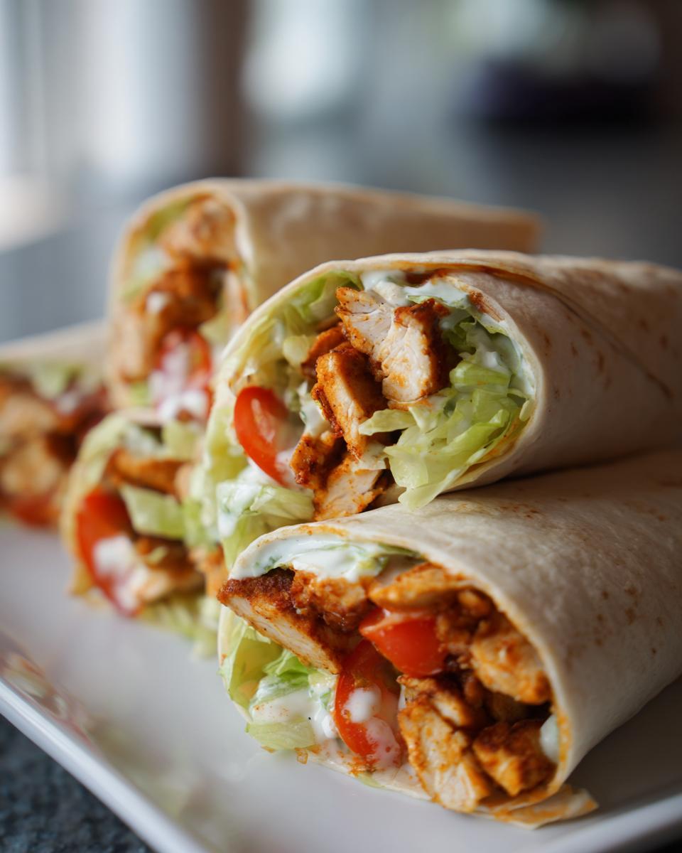 Close-up of delicious chicken wraps filled with seasoned chicken, lettuce, tomatoes, and creamy sauce.