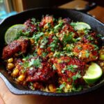 A close-up of a Chipotle BBQ chicken and rice skillet, garnished with lime wedges and cilantro.