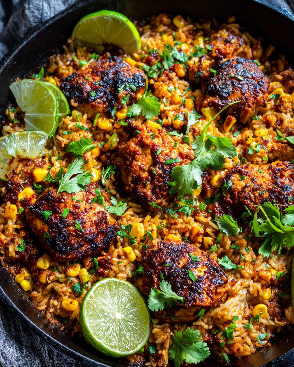 Close-up of a Chipotle BBQ chicken and rice skillet with corn, cilantro, and lime wedges.