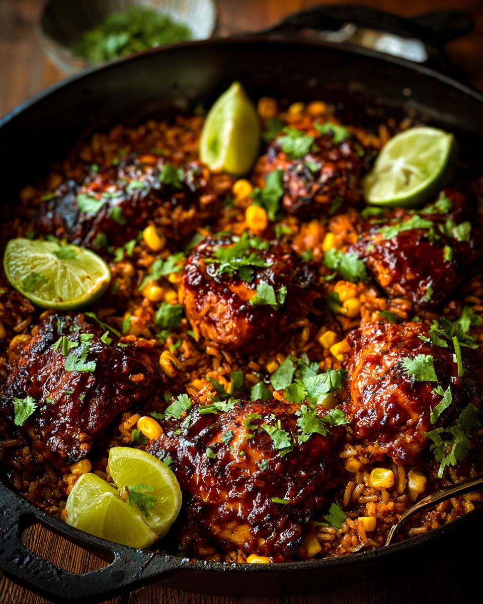 Close-up of a Chipotle BBQ chicken and rice skillet with corn, lime wedges, and cilantro.