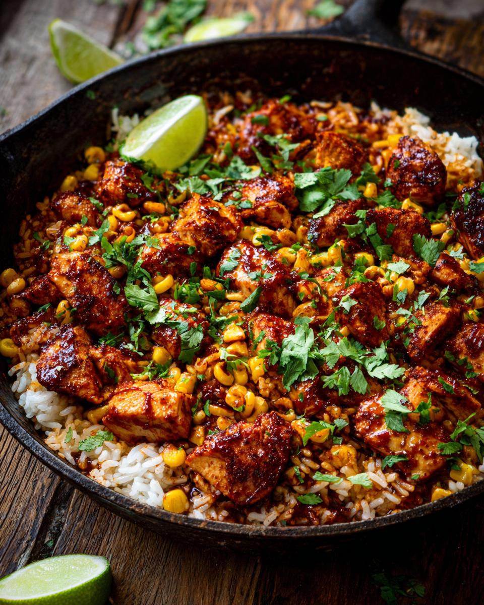 A close-up of a Chipotle BBQ chicken and rice skillet, garnished with lime wedges and cilantro.