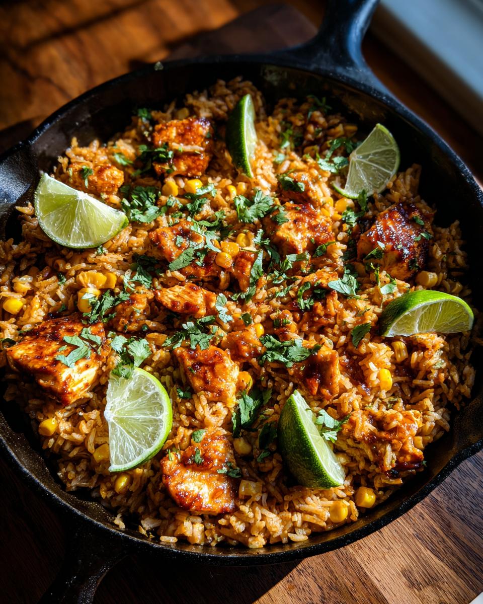 Close-up of a Chipotle BBQ chicken and rice skillet with corn, lime wedges, and cilantro.