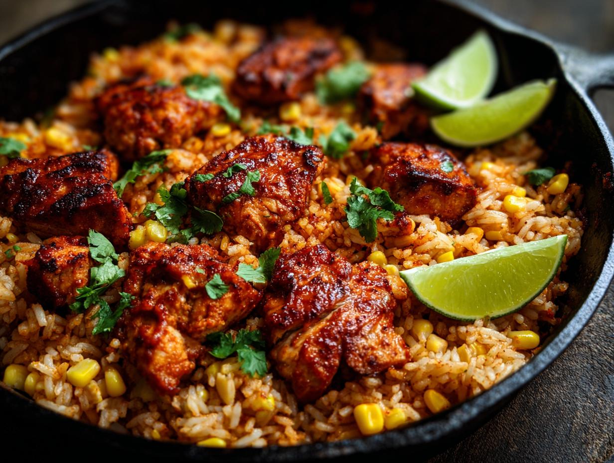 Close-up of a cast iron skillet filled with Chipotle BBQ chicken and rice, garnished with lime wedges and cilantro.