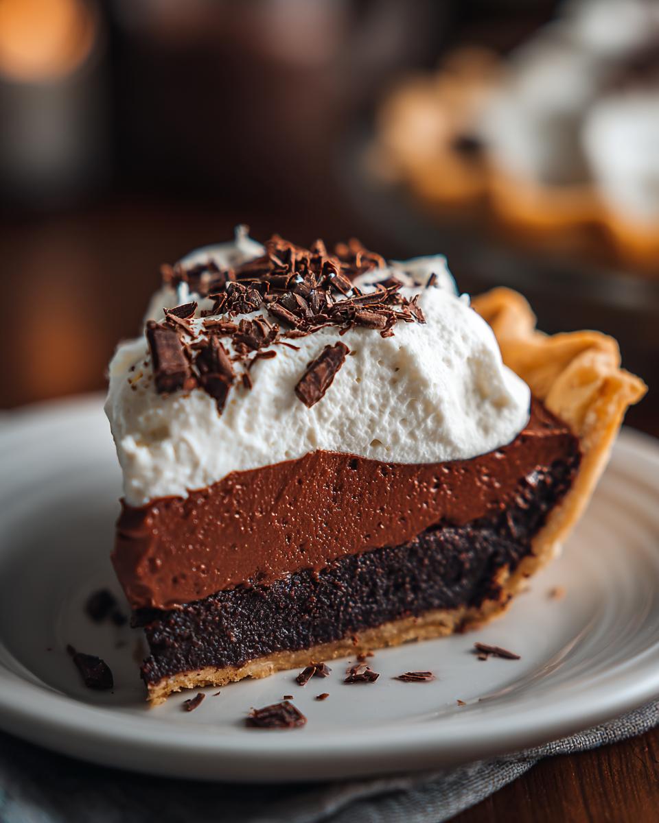 A decadent slice of Christmas chocolate pie, featuring layers of chocolate filling and topped with whipped cream and chocolate shavings.