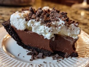 A decadent slice of Christmas chocolate pie topped with whipped cream and chocolate shavings, served on a white plate.