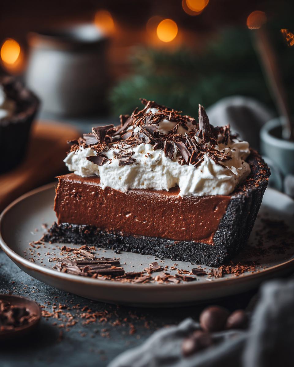 A rich slice of Christmas chocolate pie topped with whipped cream and chocolate shavings on a plate.