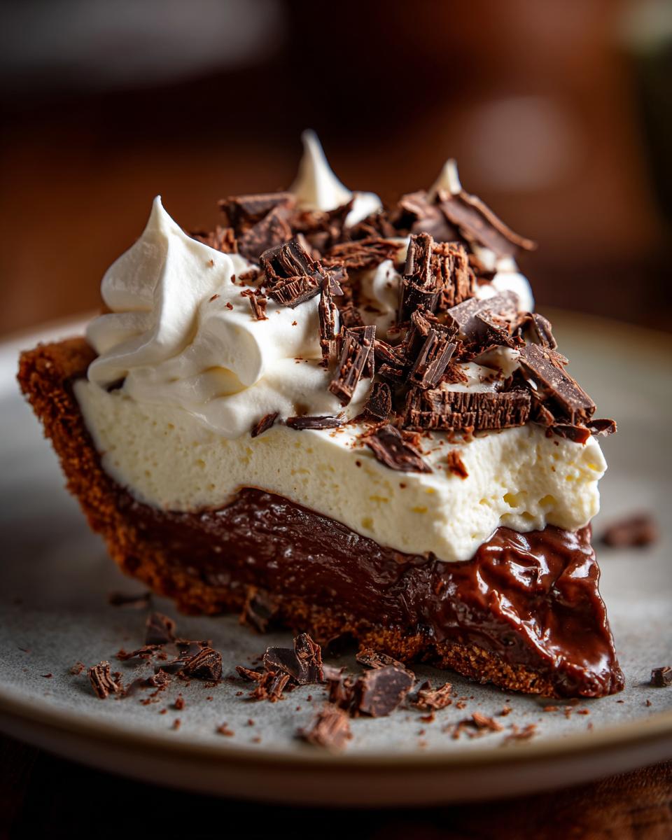 A decadent slice of Christmas chocolate pie, topped with whipped cream and chocolate shavings.
