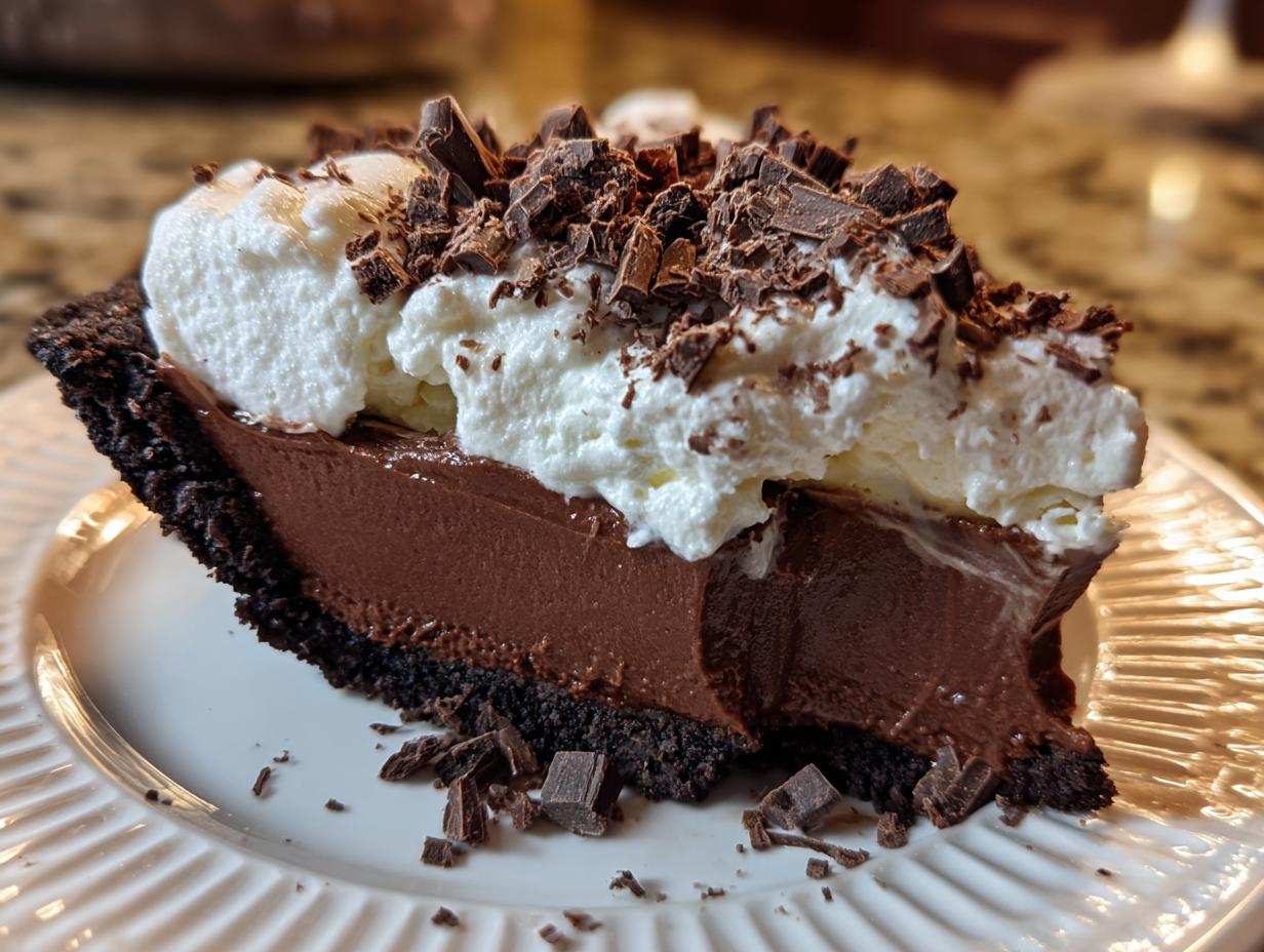 A decadent slice of Christmas chocolate pie topped with whipped cream and chocolate shavings, served on a white plate.