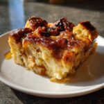 A close-up of a slice of warm cinnamon bread pudding on a white plate, drizzled with syrup.