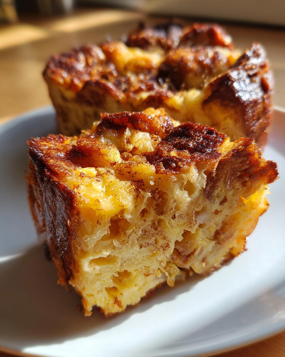 Close-up of a rich and moist slice of cinnamon bread pudding, showcasing its golden-brown crust and fluffy interior.