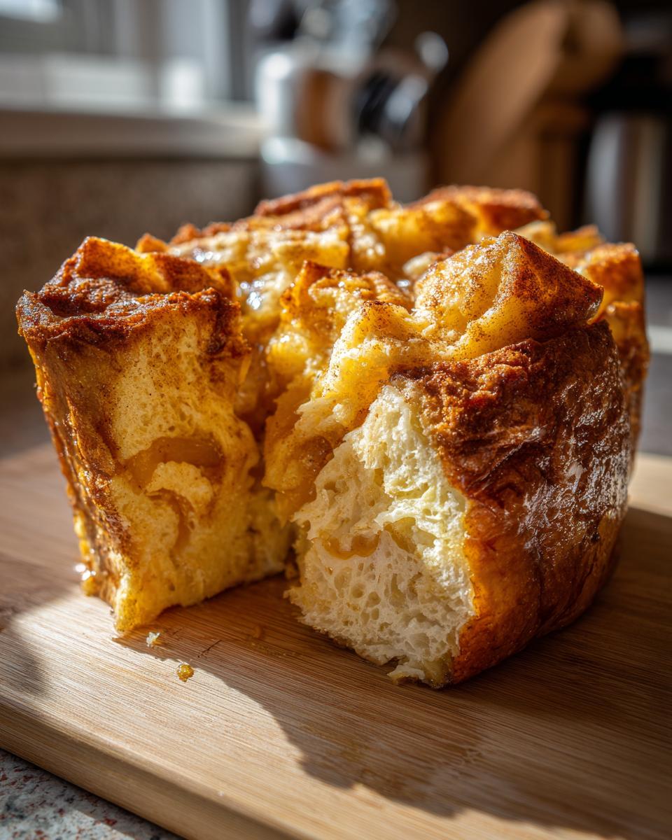 A close-up of a moist and fluffy cinnamon bread pudding, with swirls of cinnamon and a golden-brown crust.