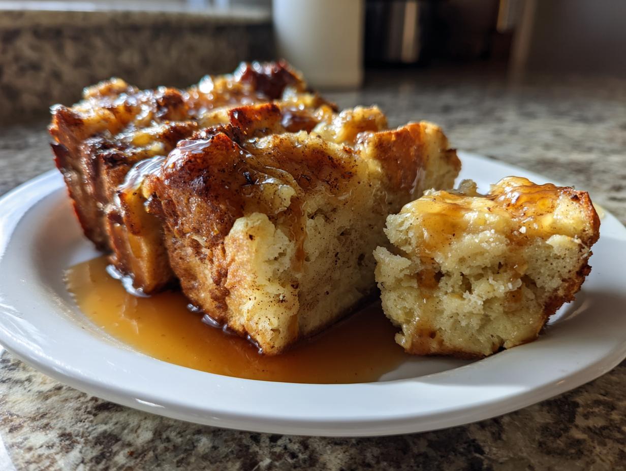 A close-up of a slice of warm cinnamon bread pudding drizzled with golden syrup on a white plate.