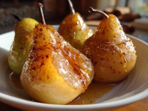 Close-up of warm cinnamon maple baked pears glistening with syrup in a white bowl.