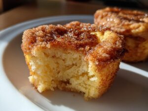 Close-up of a soft french toast muffins with a crunchy cinnamon sugar topping, showing the fluffy interior.