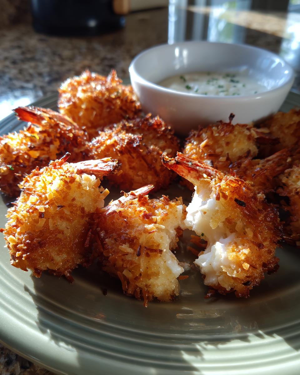 A plate of golden brown Copycat Red Lobster coconut shrimp, with one shrimp broken open to show the white interior.
