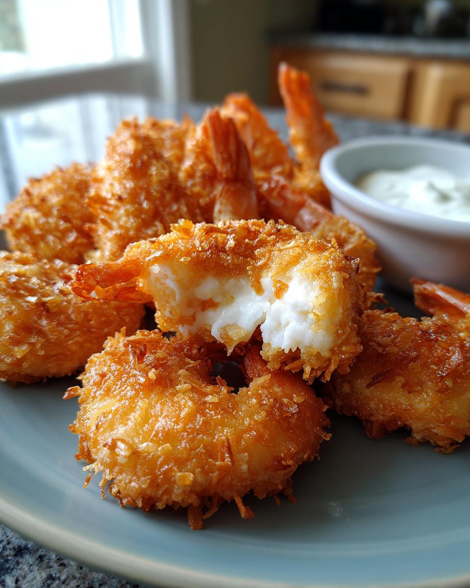 Close-up of golden brown Copycat Red Lobster coconut shrimp, one is broken open to show the white shrimp inside, with a small dish of dipping sauce.
