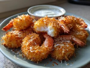 A close-up of crispy Copycat Red Lobster coconut shrimp served on a plate with a dipping sauce.